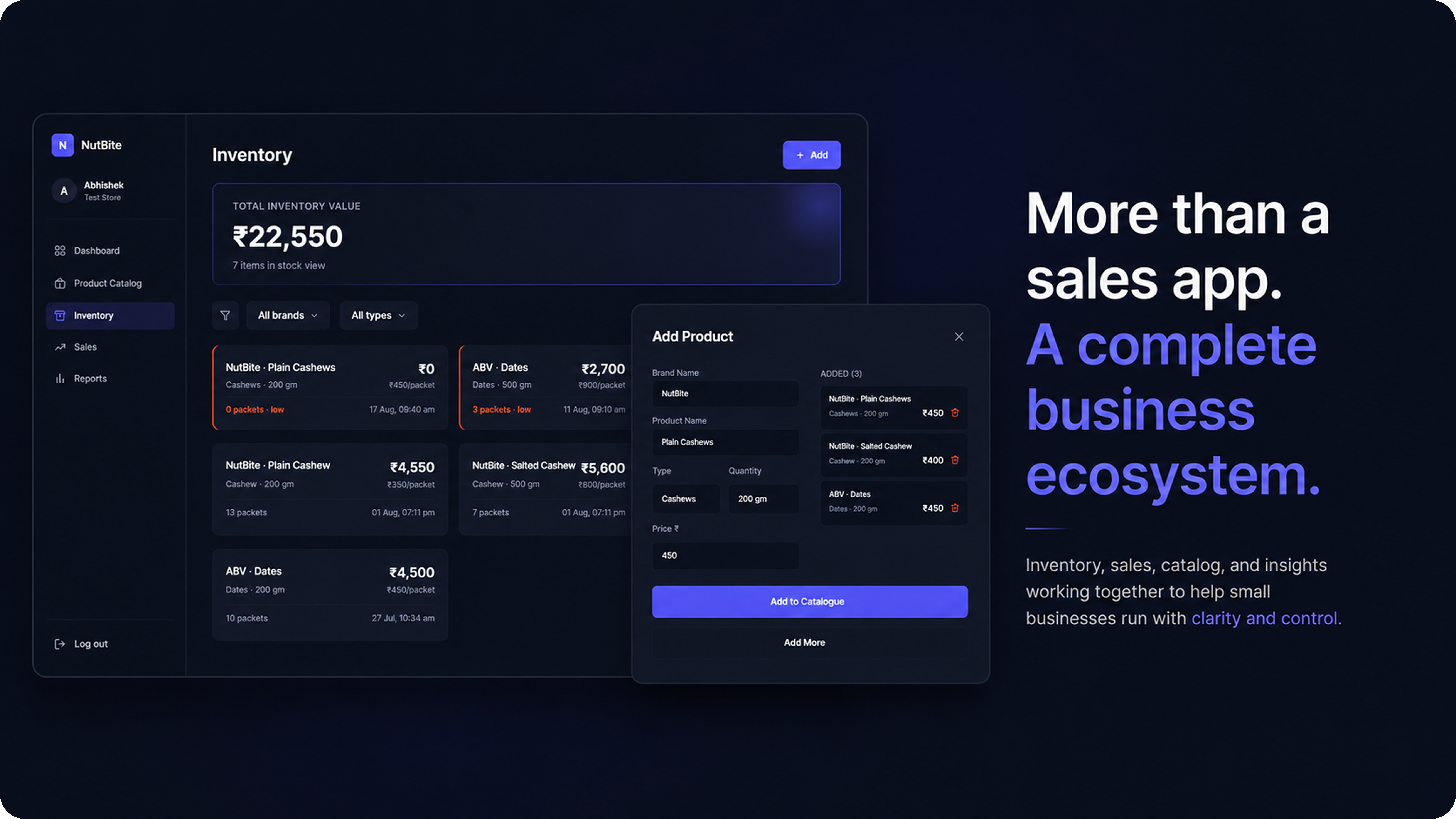 NutBite store dashboard: today's sales, annual sales, weekly and monthly totals, low inventory alerts, top selling and slow movers