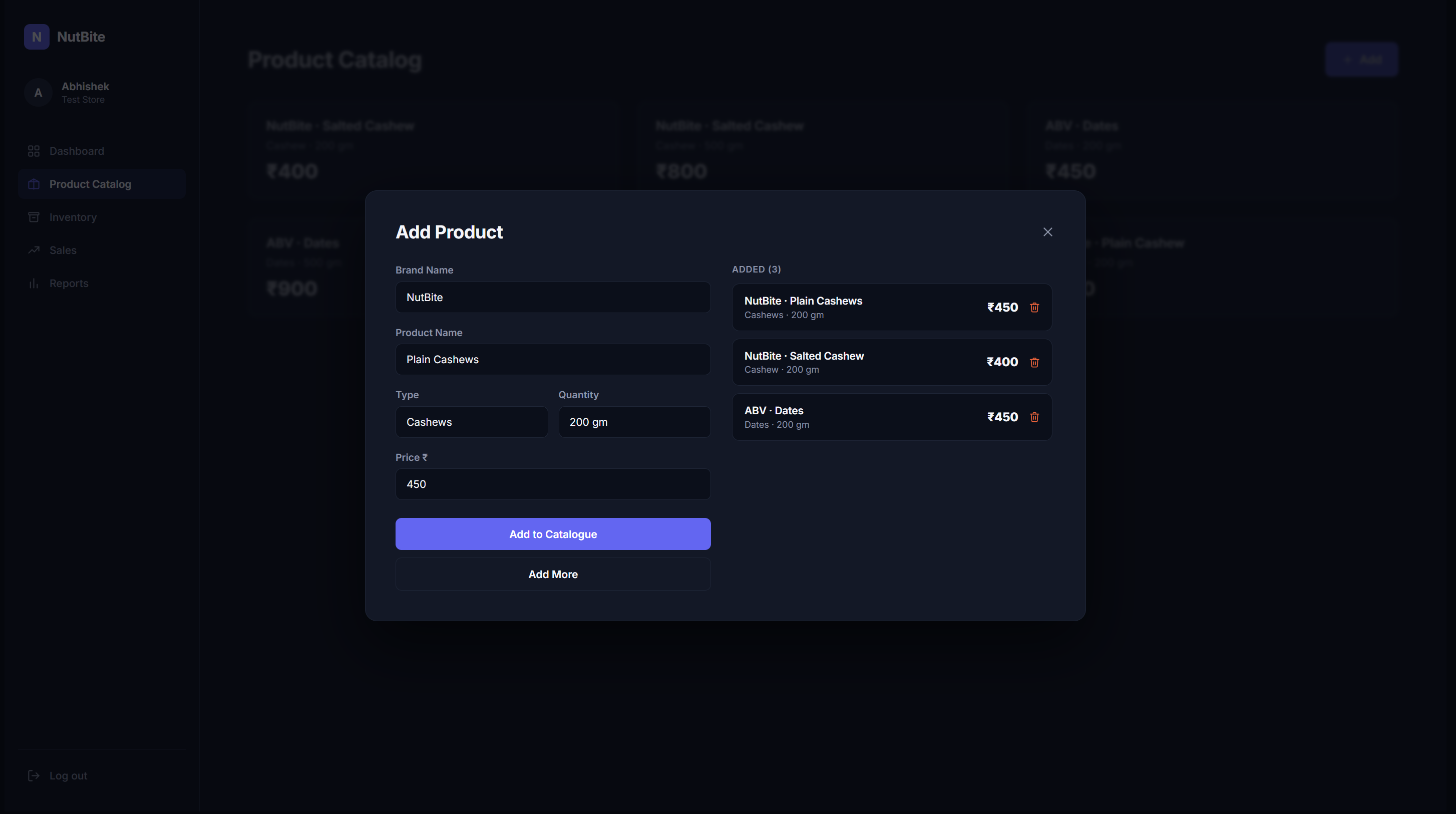 NutBite add product to catalogue screen