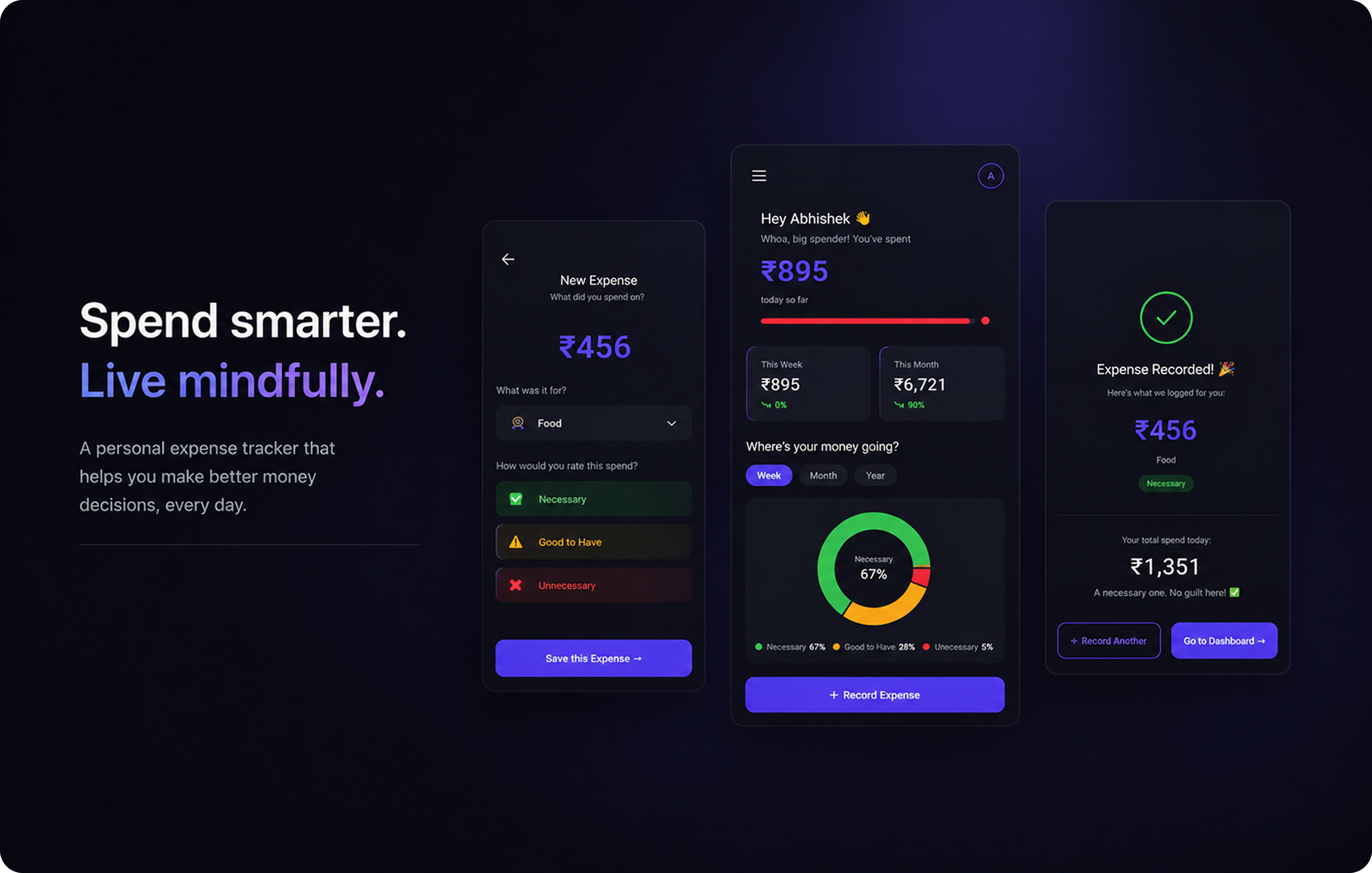 Spendly expense tracker screens: new expense entry, daily dashboard, and expense recorded confirmation
