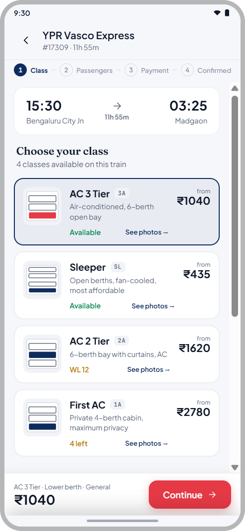 RailGo redesigned class selection — progress steps, train summary, and described class cards with photos and fares, ad removed
