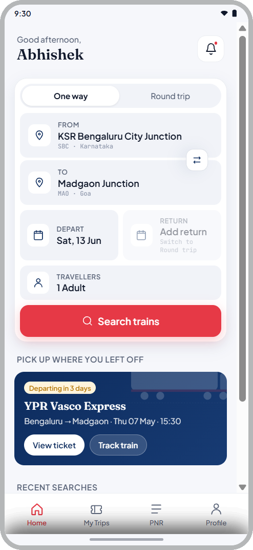 RailGo redesigned home — personalised greeting, From and To stations with full names, depart date, travellers and a Search trains button, with recent searches below