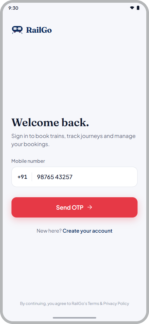 RailGo redesigned login — RailGo logo, Welcome back heading, a single mobile number field and a Send OTP button, no ads