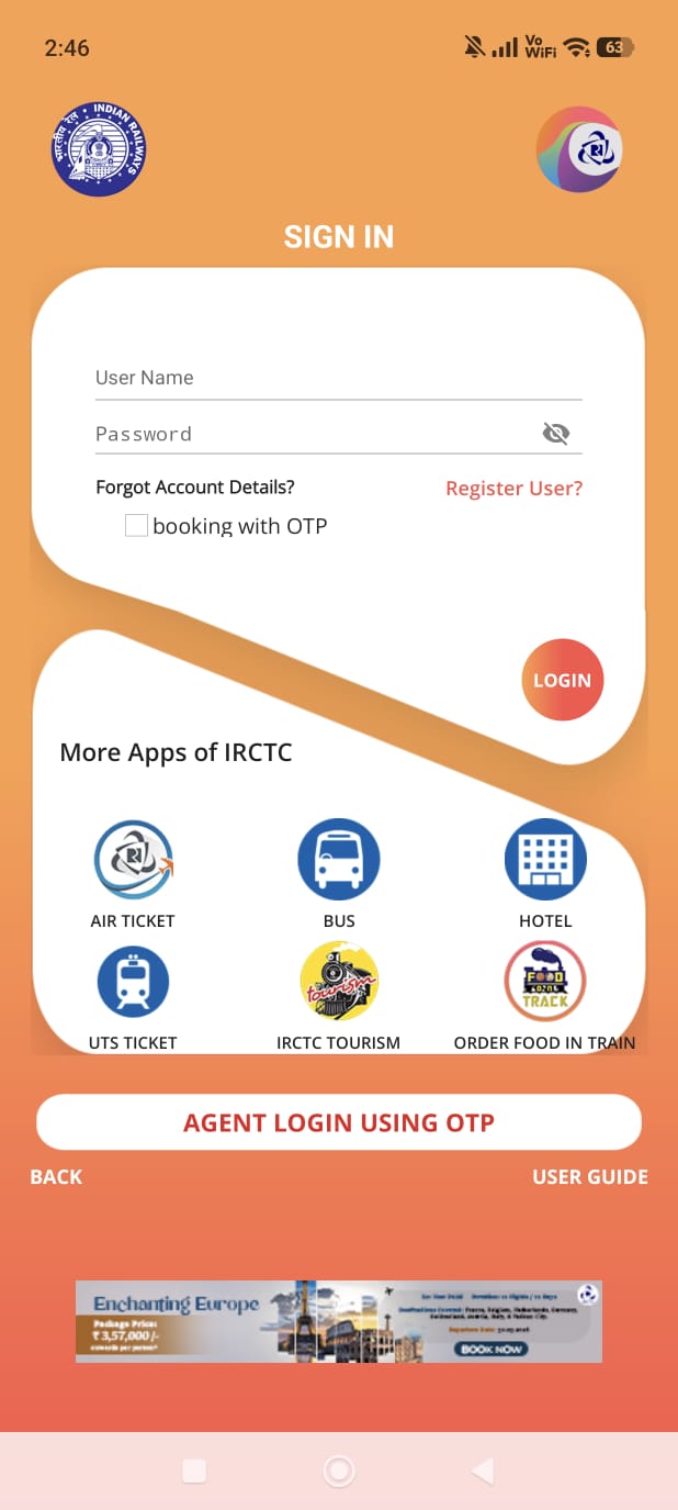 IRCTC Sign In screen — circular red LOGIN button blends into the app icon