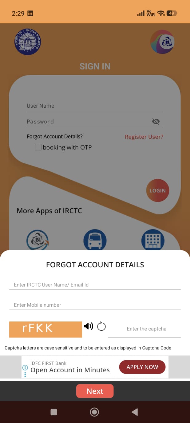 Forgot Account Details screen — IDFC First Bank ad banner sits directly above the Next button