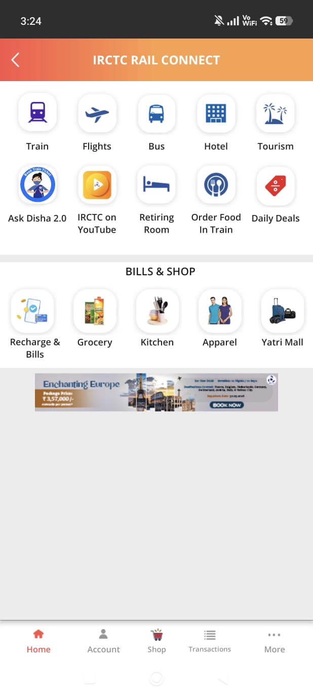 IRCTC Rail Connect home screen