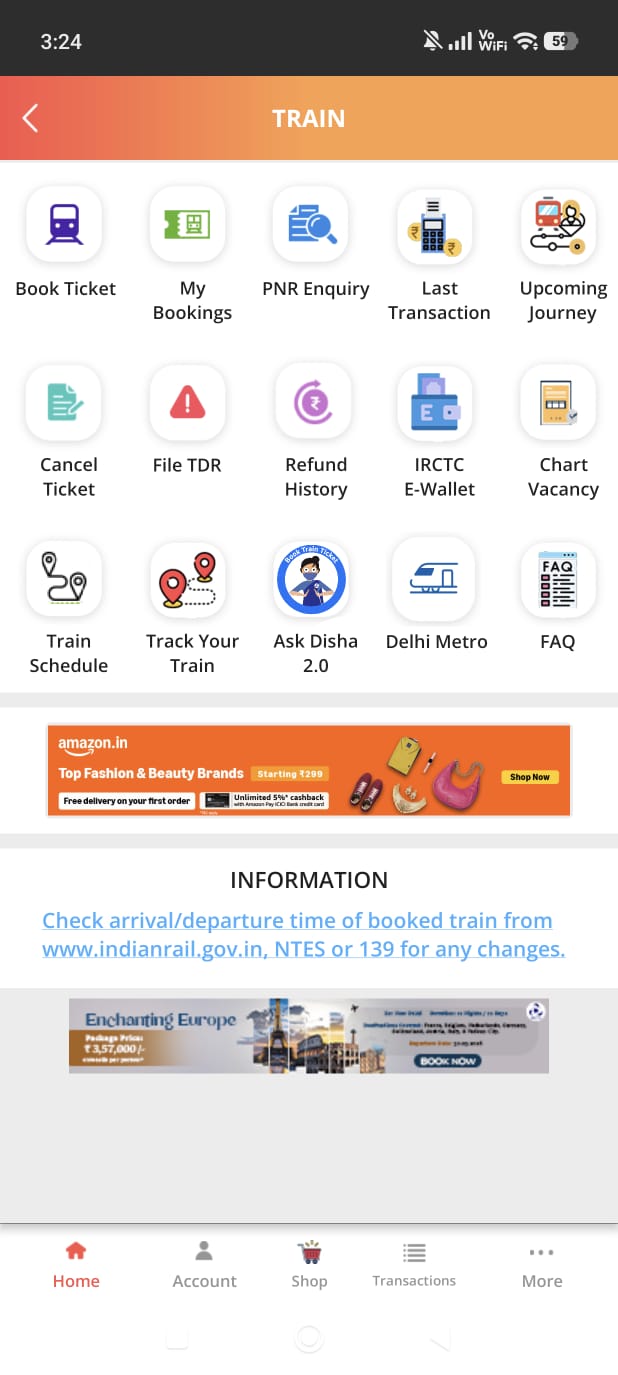 Train menu screen
