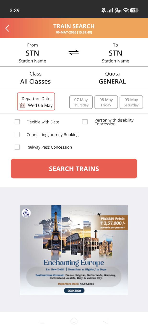IRCTC Train Search screen — STN station codes only, reached after three taps, with an ad below the Search Trains CTA