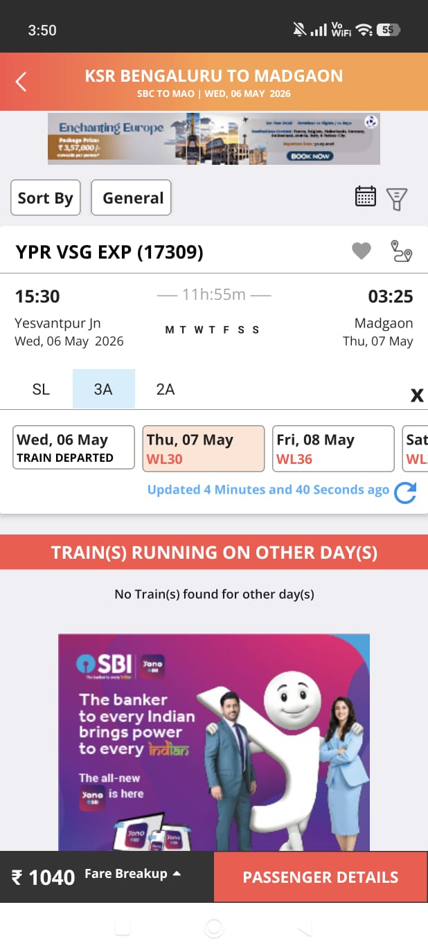 Train details screen — large SBI ad covers the fare and the Passenger Details CTA