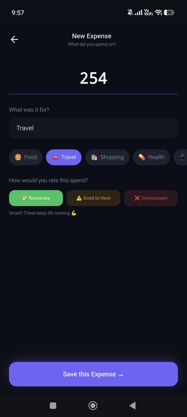 New expense screen — amount, category chips and the necessary / good to have / unnecessary label selector