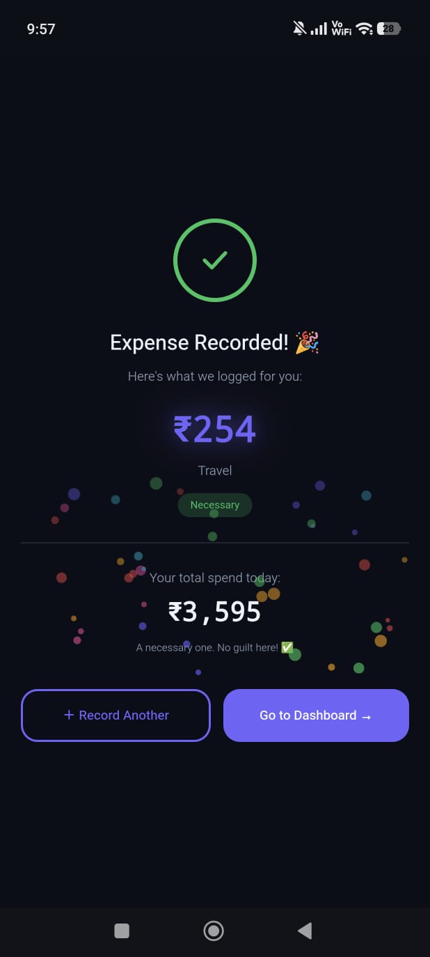 Expense recorded — confirmation screen with the logged amount and label